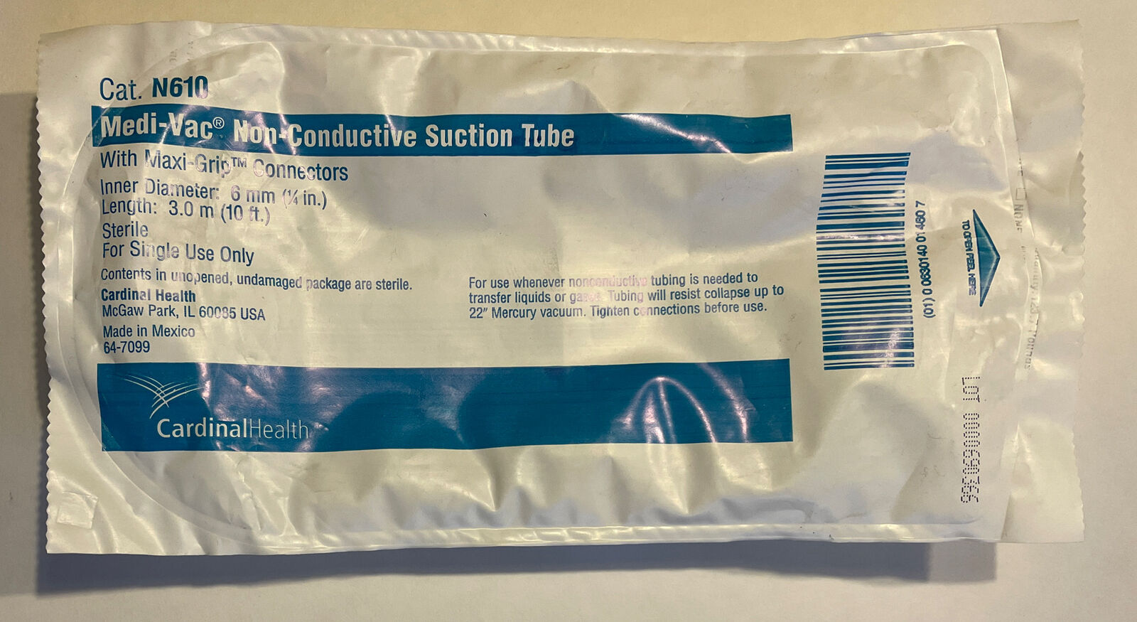 Tubing Suction Medi-Vac® 10 Foot Length 0.25 Inch I.D. Sterile Maxi-Grip and Male / Male Connector Clear Smooth OT Surface NonConductive Plastic (1/EA 25/CS) by Cardinal  ID N610